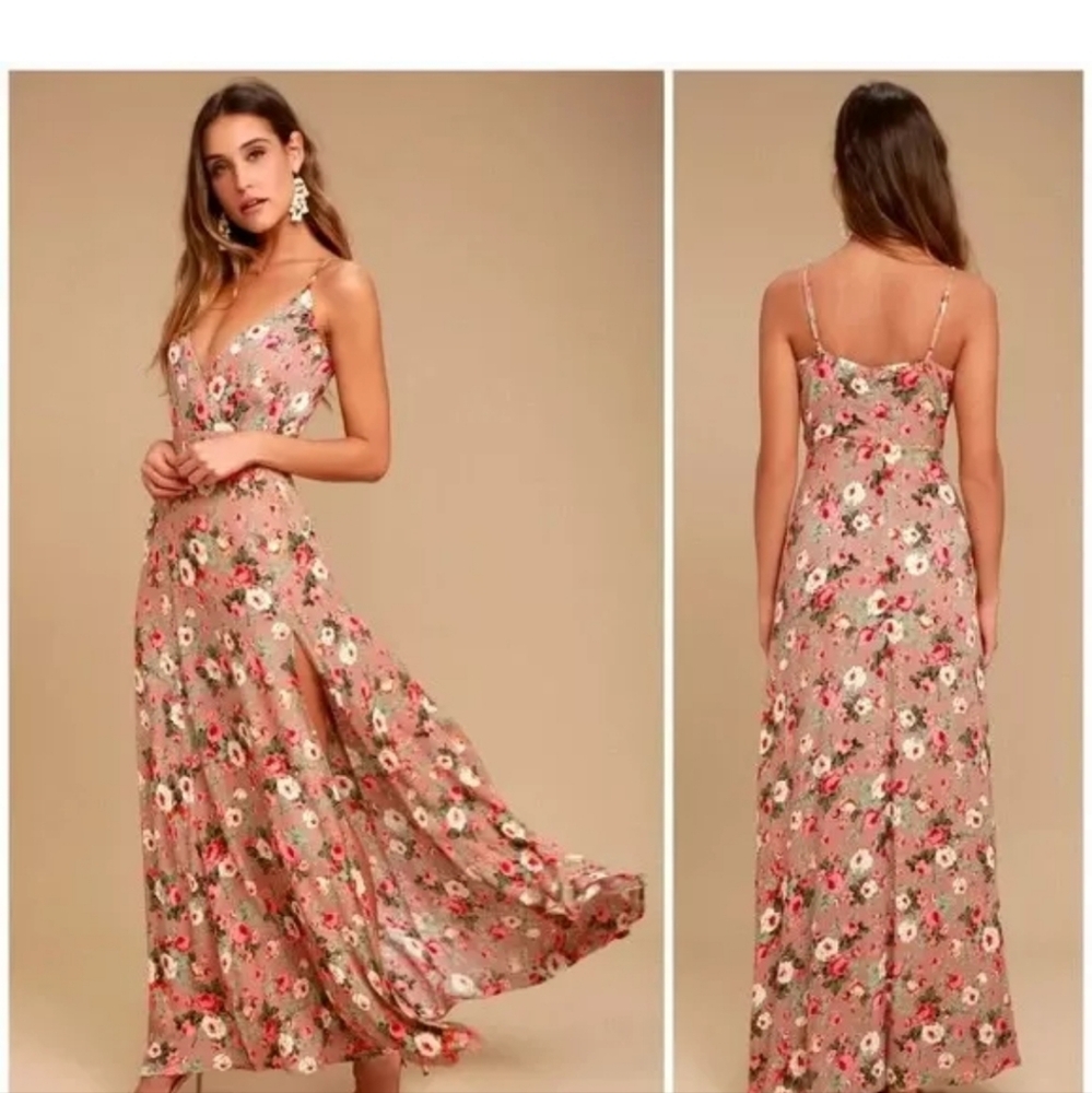 Lulus Everlasting Bliss Blush Floral Print Side Slit Maxi Dress Medium